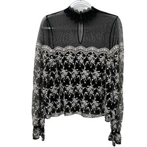 Black White Lace Mesh Top M Mock Neck Sheer Floral Embroidered Fairy Coquette